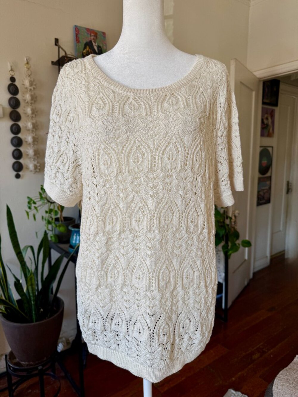 Anthropologie Crochet Stitched Sweater Tee Ivory White Cream 2X Fits L Knit Top